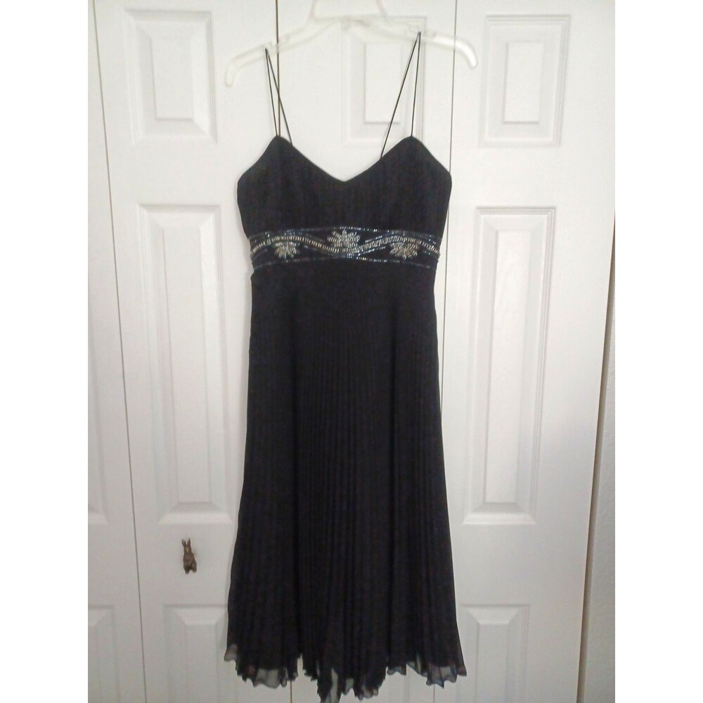Betsey Johnson evening Women's Pleated Black Dress Beaded Accents Size 8 midi